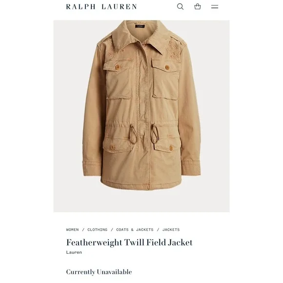 Ralph Lauren Featherweight Twill Field Jacket‎ Khaki Floral Embroidery M NWT - Picture 9 of 16